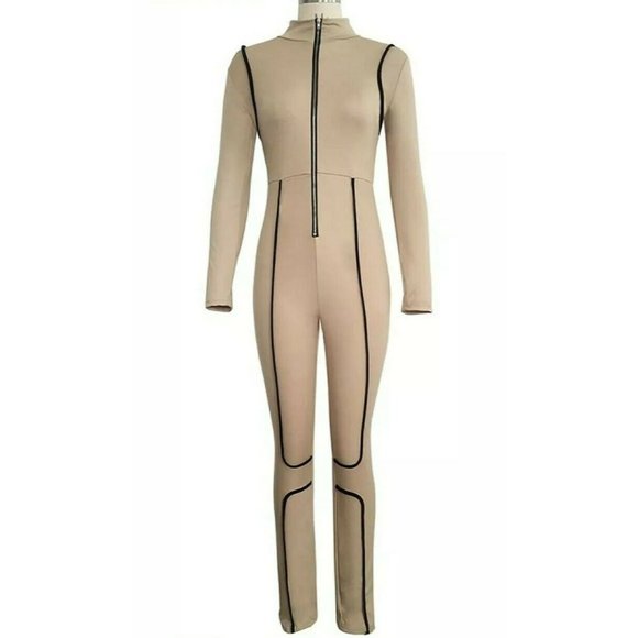 Tan and Black Long Sleeve Stretch Jumpsuit Size L - Picture 3 of 9